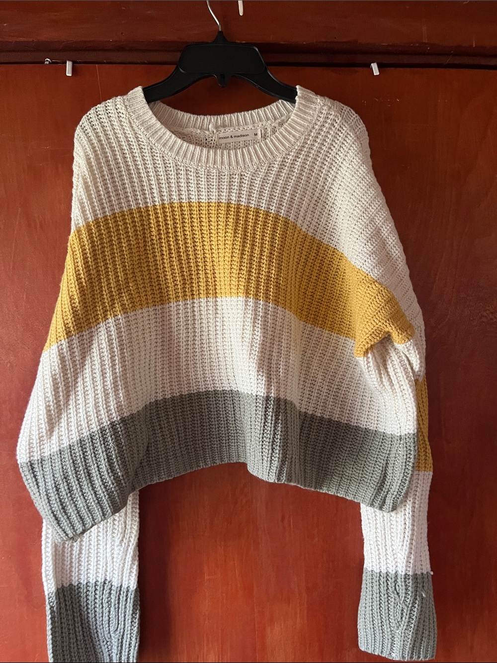 moon & madison Cream, Mustard & Gray Striped Crewneck Sweater